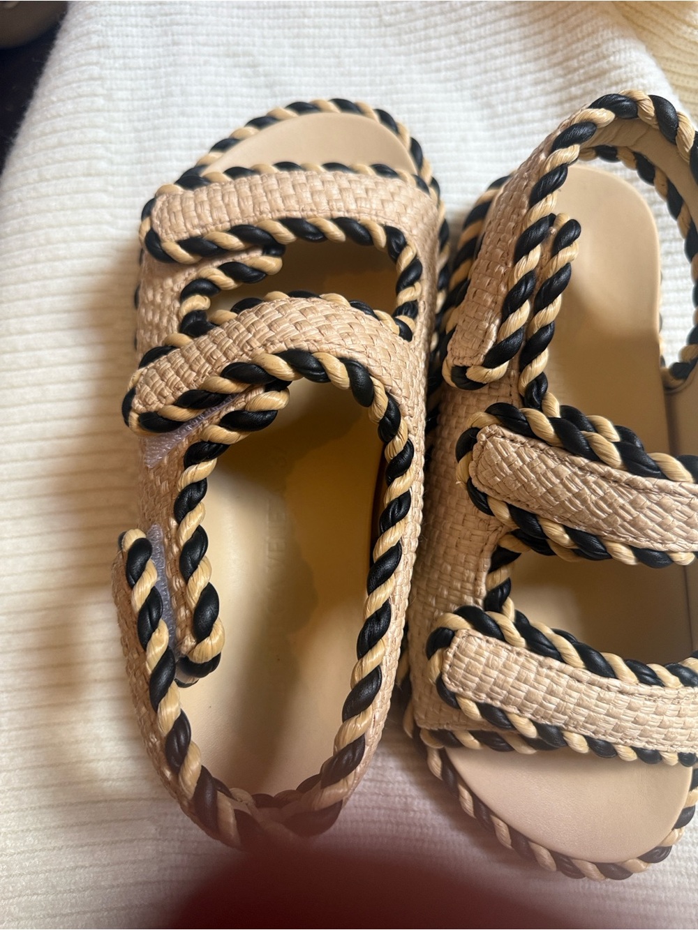 Bottega Veneta Beige and Black Braided Raffia Slide Sandals